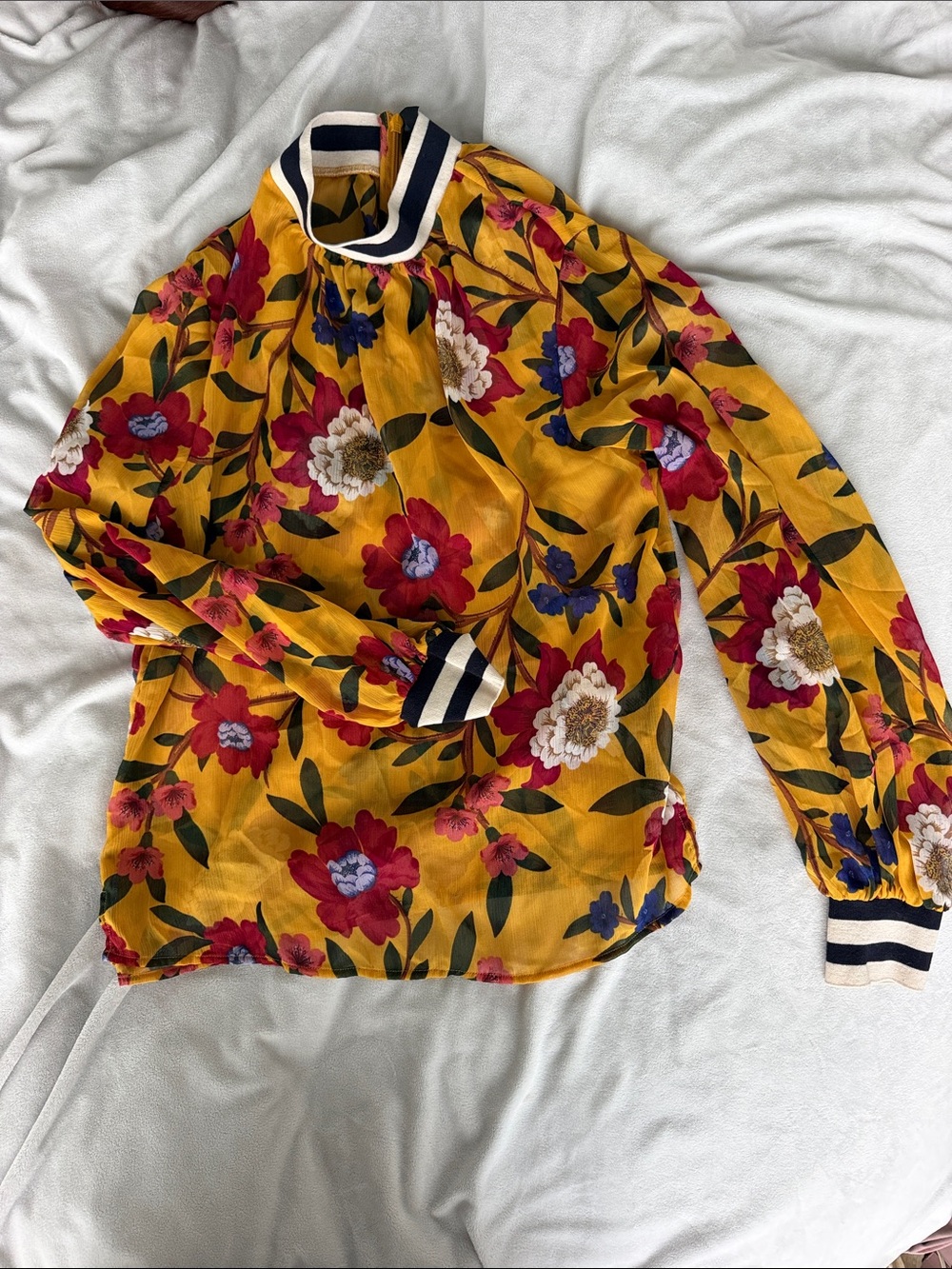 French Connection Mustard Floral Mock-Neck Blouse